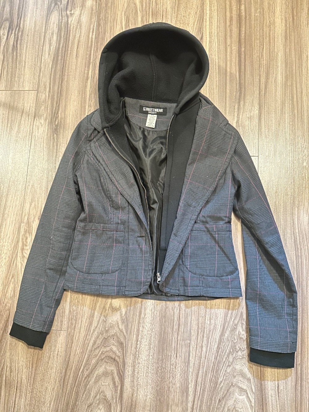 Streetwear Society Black Plaid Hooded Blazer